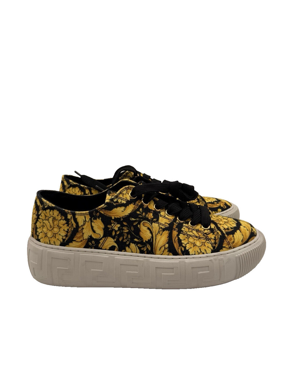 Women’s Versace Yellow & Black Barocco Print Canvas Greca Sneakers Size 36.5